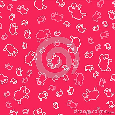 White line Sheep icon isolated seamless pattern on red background. Counting sheep to fall asleep. Vector Vector Illustration
