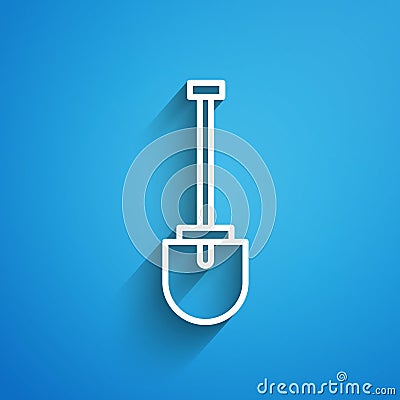 White line Shovel icon isolated on blue background. Gardening tool. Tool for horticulture, agriculture, farming. Long Vector Illustration