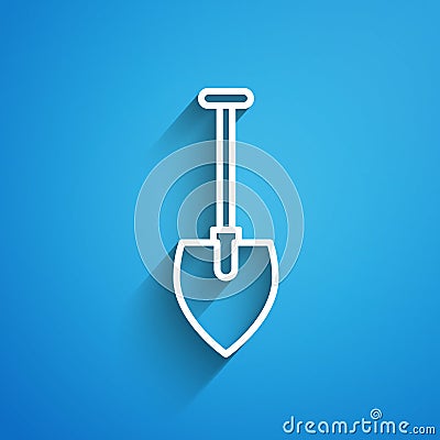 White line Shovel icon isolated on blue background. Gardening tool. Tool for horticulture, agriculture, farming. Long Vector Illustration