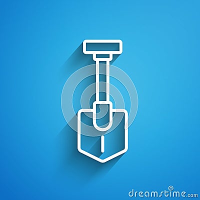 White line Shovel icon isolated on blue background. Gardening tool. Tool for horticulture, agriculture, farming. Long Vector Illustration