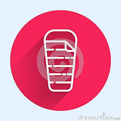 White line Sleeping bag icon isolated with long shadow. Red circle button. Vector Vector Illustration