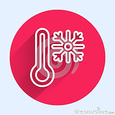 White line Thermometer with snowflake icon isolated with long shadow. Red circle button. Vector Vector Illustration
