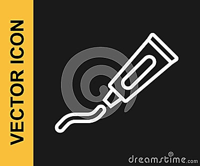 White line Tube of toothpaste icon isolated on black background. Vector Vector Illustration