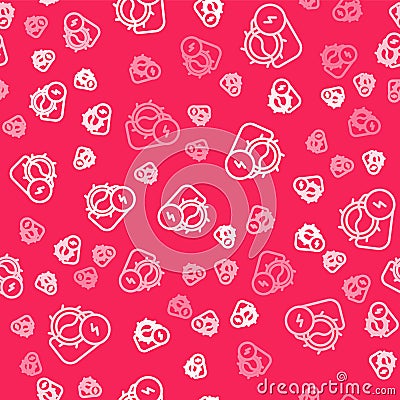 White line Water mill icon isolated seamless pattern on red background. Water wheel energy. Hydro power turbine wheel Vector Illustration