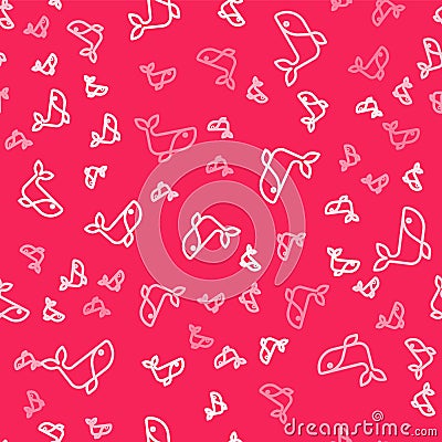 White line Whale icon isolated seamless pattern on red background. Vector Stock Photo