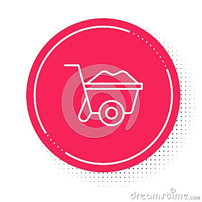White line Wheelbarrow icon isolated on white background. Tool equipment. Agriculture cart wheel farm. Red circle button Stock Photo