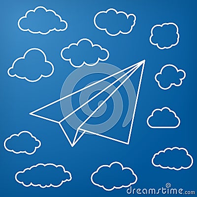 White linear paper airplane with clouds on blue background Vector Illustration