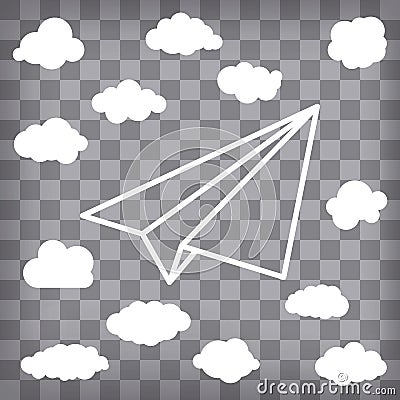 White linear paper airplane with clouds on chequered backgro Vector Illustration