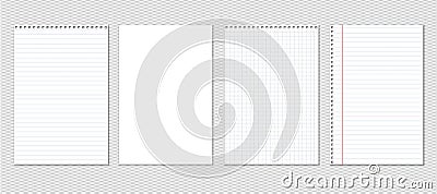 White lined, squared and blank notebook, copybook paper sheets are on grey background. Vector illustration Vector Illustration