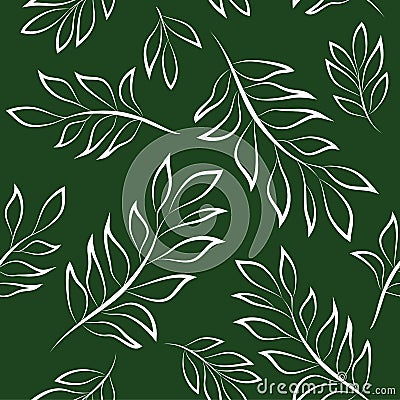 White Lines Leaves Seamless Pattern on Dark Green Background Vector Illustration