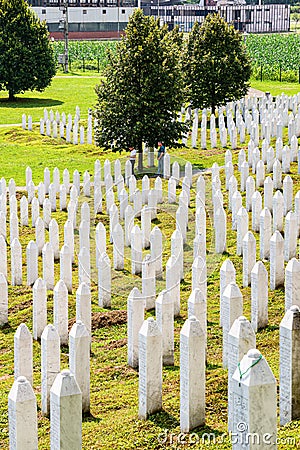 White lines of tombstones as a memorial to Srebrenica massacre in Potocari, Bosnia and Herzegovina Stock Photo