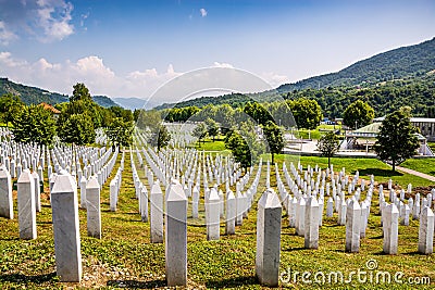 White lines of tombstones as a memorial to Srebrenica massacre in Potocari, Bosnia and Herzegovina Editorial Stock Photo