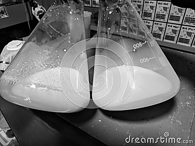 White liquid in conical flask with science background - black and white Stock Photo