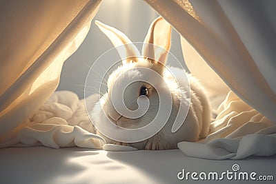 A white little baby rabbit peeks out from under the blanket, generated by AI Stock Photo