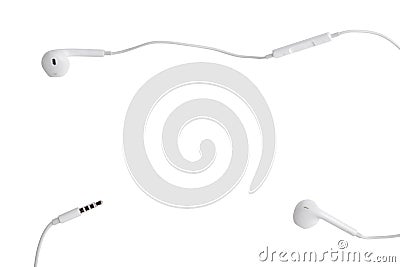 White little headphones on white isolated background. Horizontal frame Stock Photo