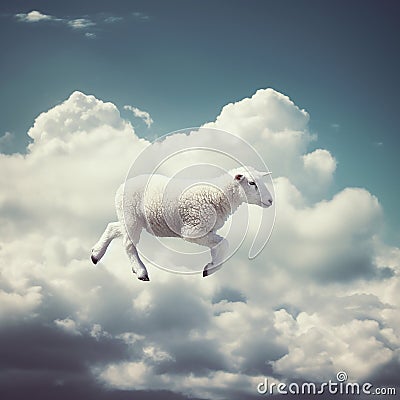 White little lamb walks on white fluffy clouds in the blue sky, fantasy background, Stock Photo