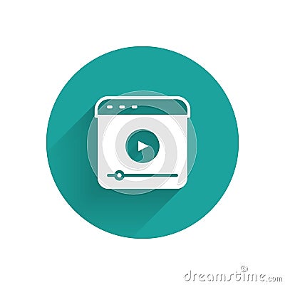 White Live streaming online videogame play icon isolated with long shadow background. Green circle button. Vector Vector Illustration