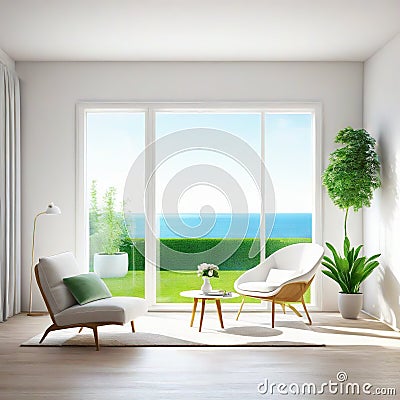 White living room with a chair and a view of a green Scandinavian style in Cartoon Illustration