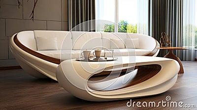 Futuristic Biomorphic Living Room With White Sofa And Coffee Table Stock Photo