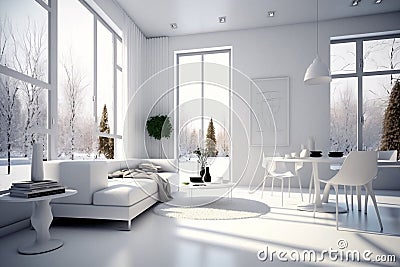 White living room interior design wall. Architecture modern home 3D Rendering house. Stock Photo