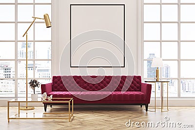 White living room, red sofa, poster Stock Photo