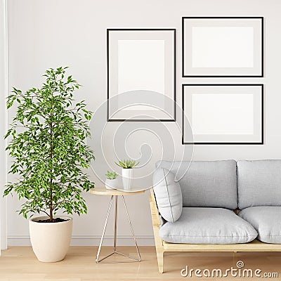 White living room with three frame mockup, 3D rendering Stock Photo