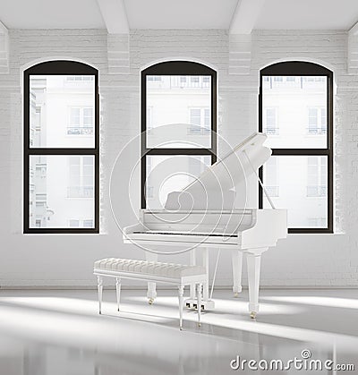 White loft interior with a white piano Stock Photo