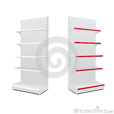 White Long Blank Empty Showcase Displays With Retail Shelves. 3D Products On White Background Isolated. Ready For Your Design Vector Illustration