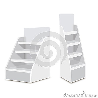 White Long Blank Empty Showcase Displays With Retail Shelves. 3D Products On White Background Isolated. Ready For Your Design Avy Vector Illustration