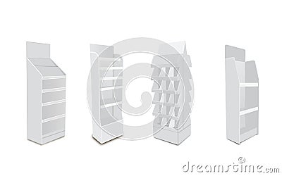 White Long Blank Empty Showcase Displays With Retail Shelves. 3D Products On White Background Isolated. Ready For Your Design Avy Vector Illustration