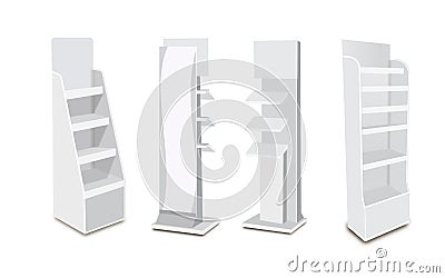 White Long Blank Empty Showcase Displays With Retail Shelves. 3D Products On White Background Isolated. Ready For Your Design Avy Vector Illustration