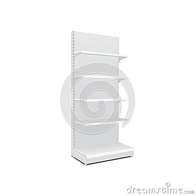 White Long Blank Empty Showcase Displays With Retail Shelves. 3D Products On White Background Isolated. Ready For Your Design Vector Illustration