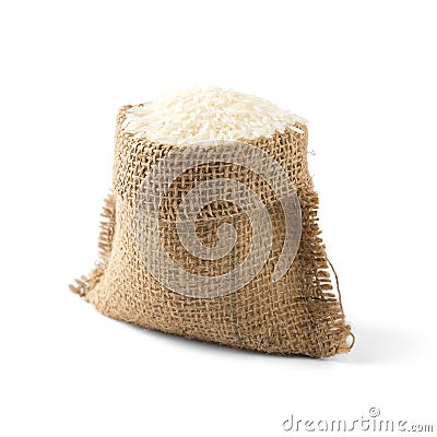 White long rice in small burlap sack on white backgroun Stock Photo