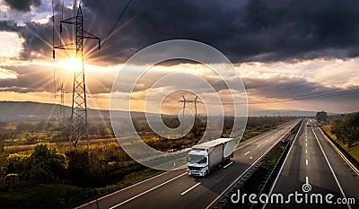 White lorry on a highway at sunset Editorial Stock Photo