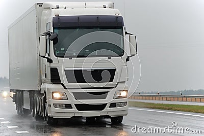 White lorry during the rain Stock Photo