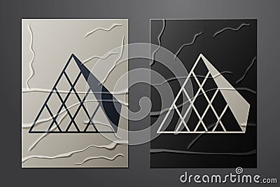 White Louvre glass pyramid icon isolated on crumpled paper background. Louvre museum. Paper art style. Vector Vector Illustration