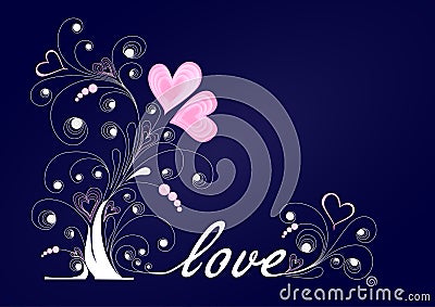 White love tree with curls and pink hearts on a dark blue background Vector Illustration