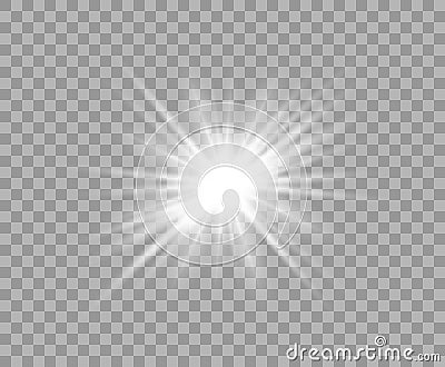 White luminous transparent light. Vector Christmas star, a bright flash of light. Glitter isolated transparent background. Vector Illustration