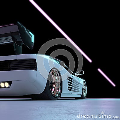 White Luxury Futuristic Sports Car Drives on Neon Illuminated Road at Night. Stock Photo