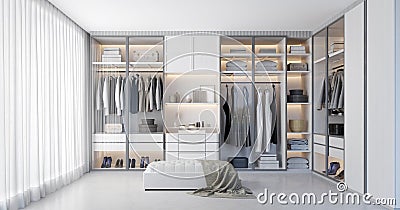 White luxury walk in closet interior with light frome the window. Stock Photo
