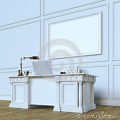 White luxury wooden office cabinet with mock up canvas. Perspective view version. 3d render Stock Photo