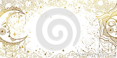 White magic background with sleeping golden sun with face and crescent moon space pattern with copy space and stars. Layout for Vector Illustration