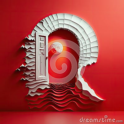 White magic opened door to the sea beach on red background. Fantasy doorway, entrance to your dream. Fairy tale, uknown Stock Photo