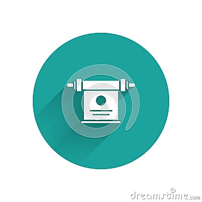 White Magic scroll icon isolated with long shadow. Decree, paper, parchment, scroll icon. Green circle button. Vector Vector Illustration