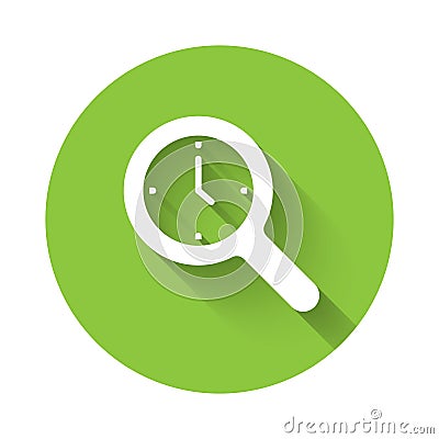 White Magnifying glass with clock icon isolated with long shadow background. Clock search. Green circle button. Vector Vector Illustration