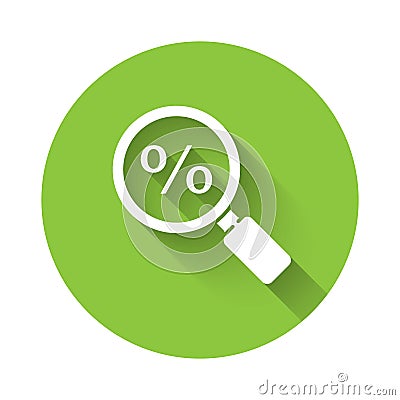 White Magnifying glass with percent icon isolated with long shadow. Discount offers searching. Search for discount sale Vector Illustration