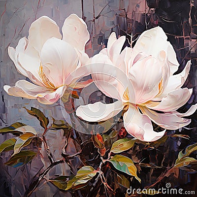 White magnolia flowers on dark background. Digital oil painting, impasto, printable square wall art Stock Photo