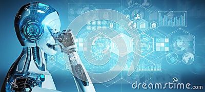 White male cyborg using digital datas interface 3D rendering Stock Photo