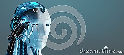 White male cyborg thinking and touching his head 3D rendering Stock Photo