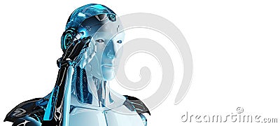 White male cyborg thinking and touching his head 3D rendering Stock Photo